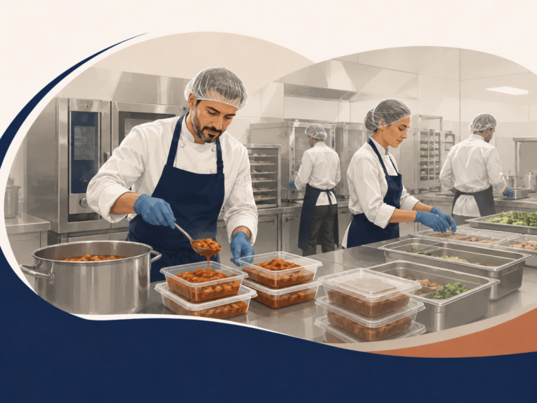 Equipo elaborando y envasando en una cocina profesional